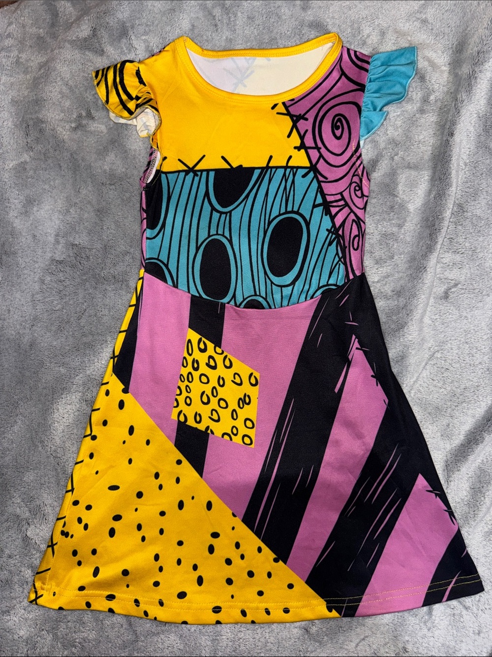 🏰5 for $25🏰 SallyColorful Patchwork Print Girls Dress-Yellow, Teal, Pink & Black